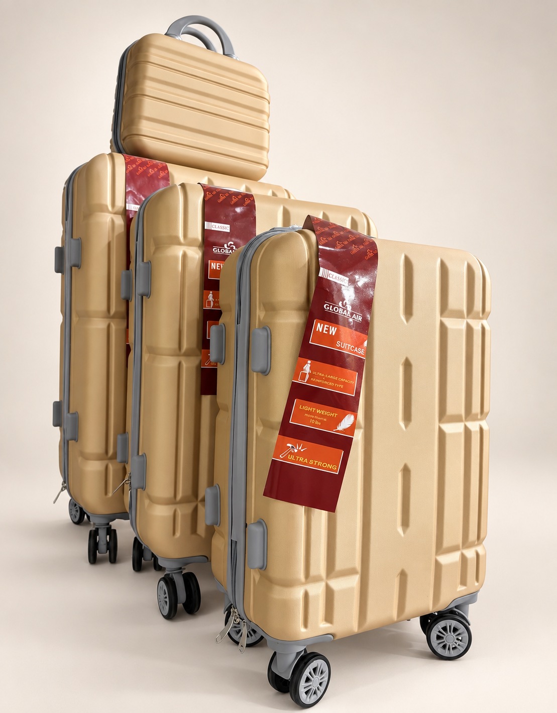 Global Air – 3 valises + valisette géométrique – Champagne