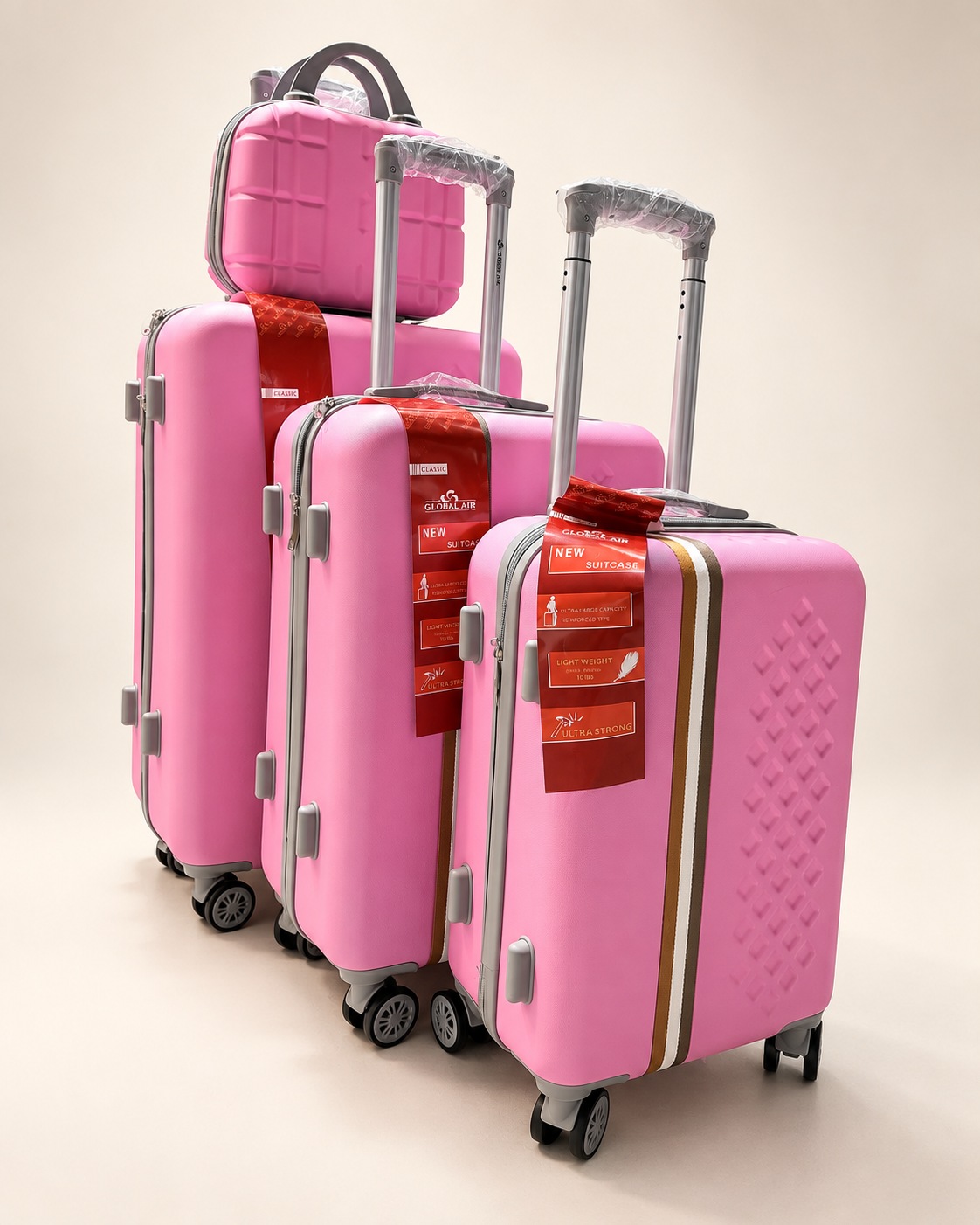 Global Air – 3 valises + valisette losanges – Rose vif