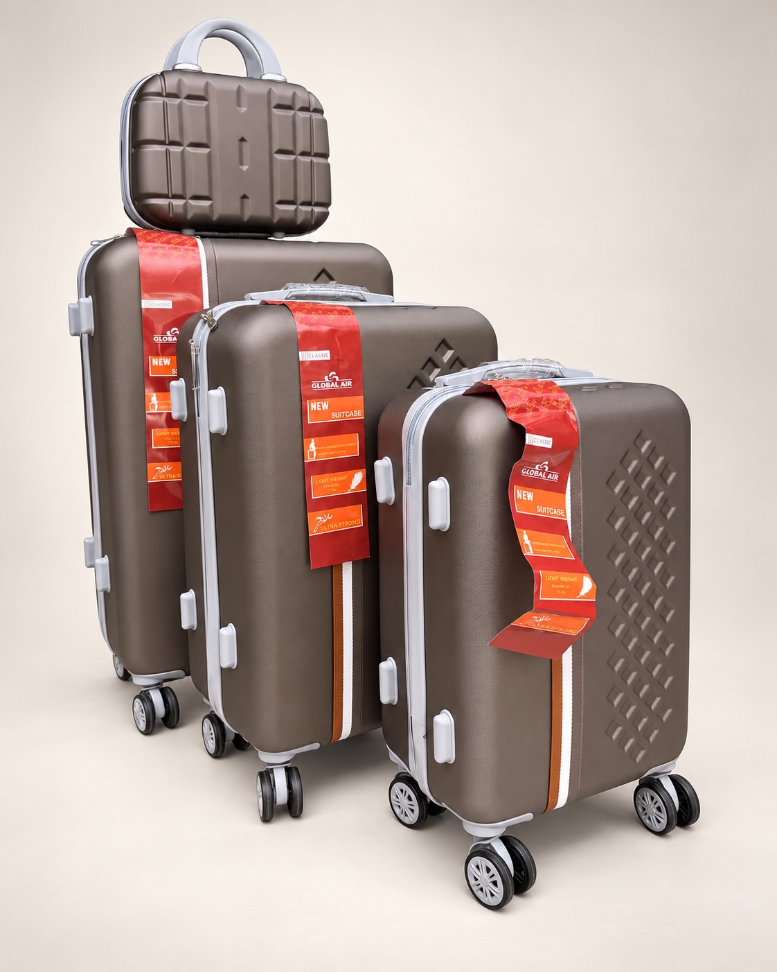 Global Air – 3 valises + valisette losanges – Taupe
