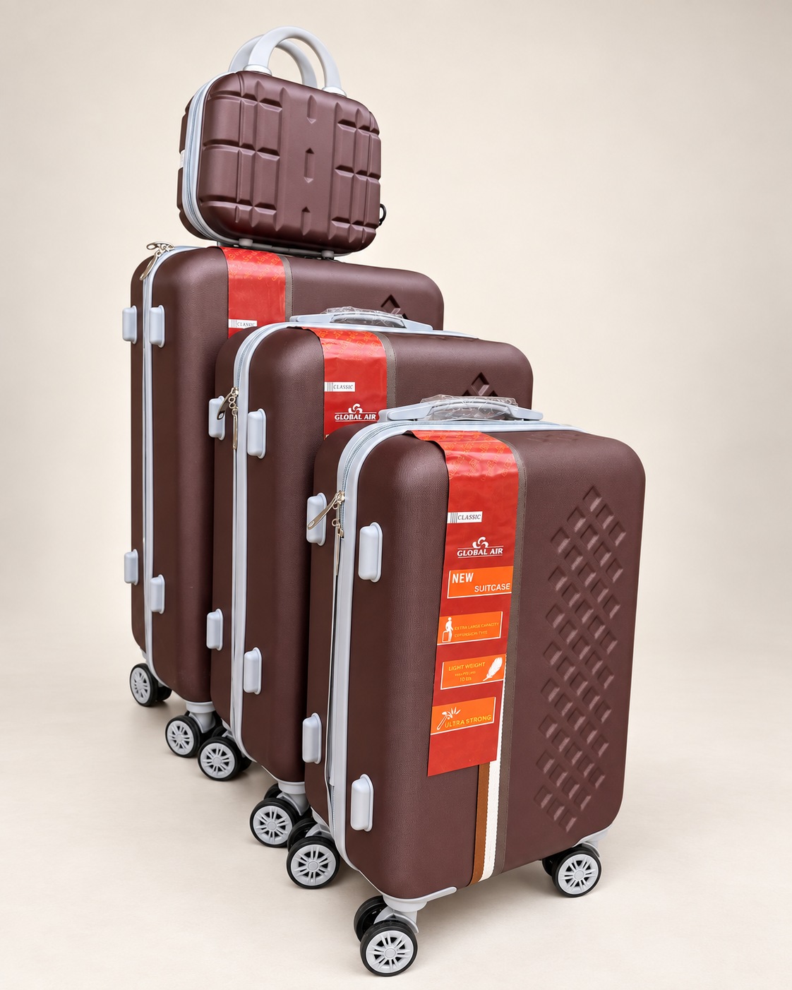 Global Air – 3 valises + valisette losanges – Chocolat
