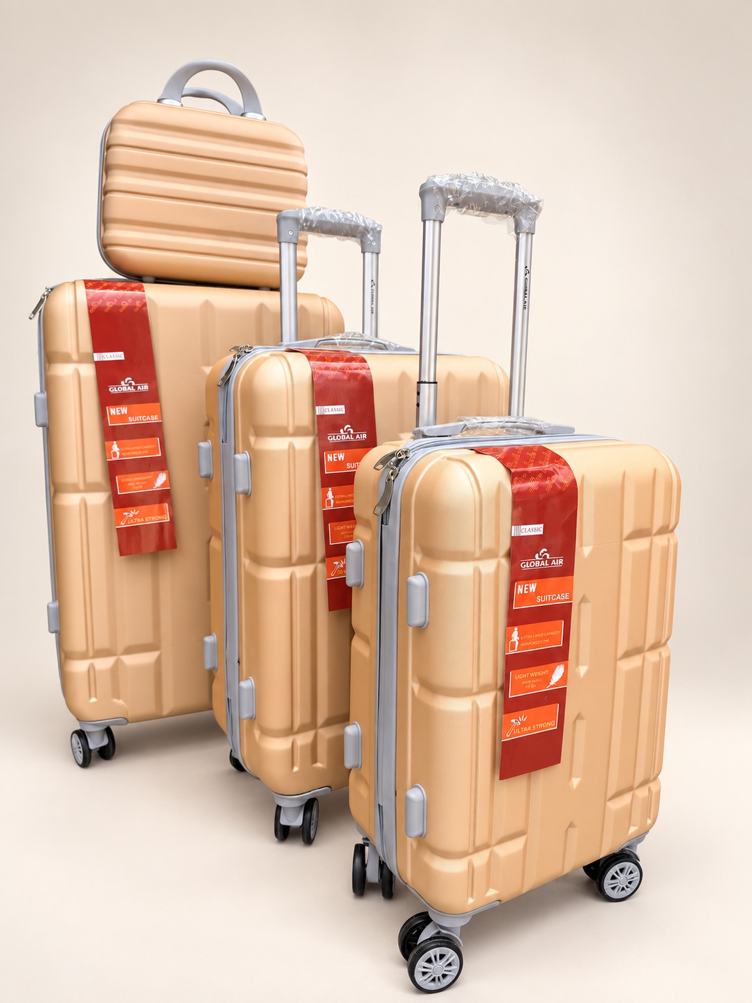Global Air – 3 valises + valisette géométrique – Doré pêche
