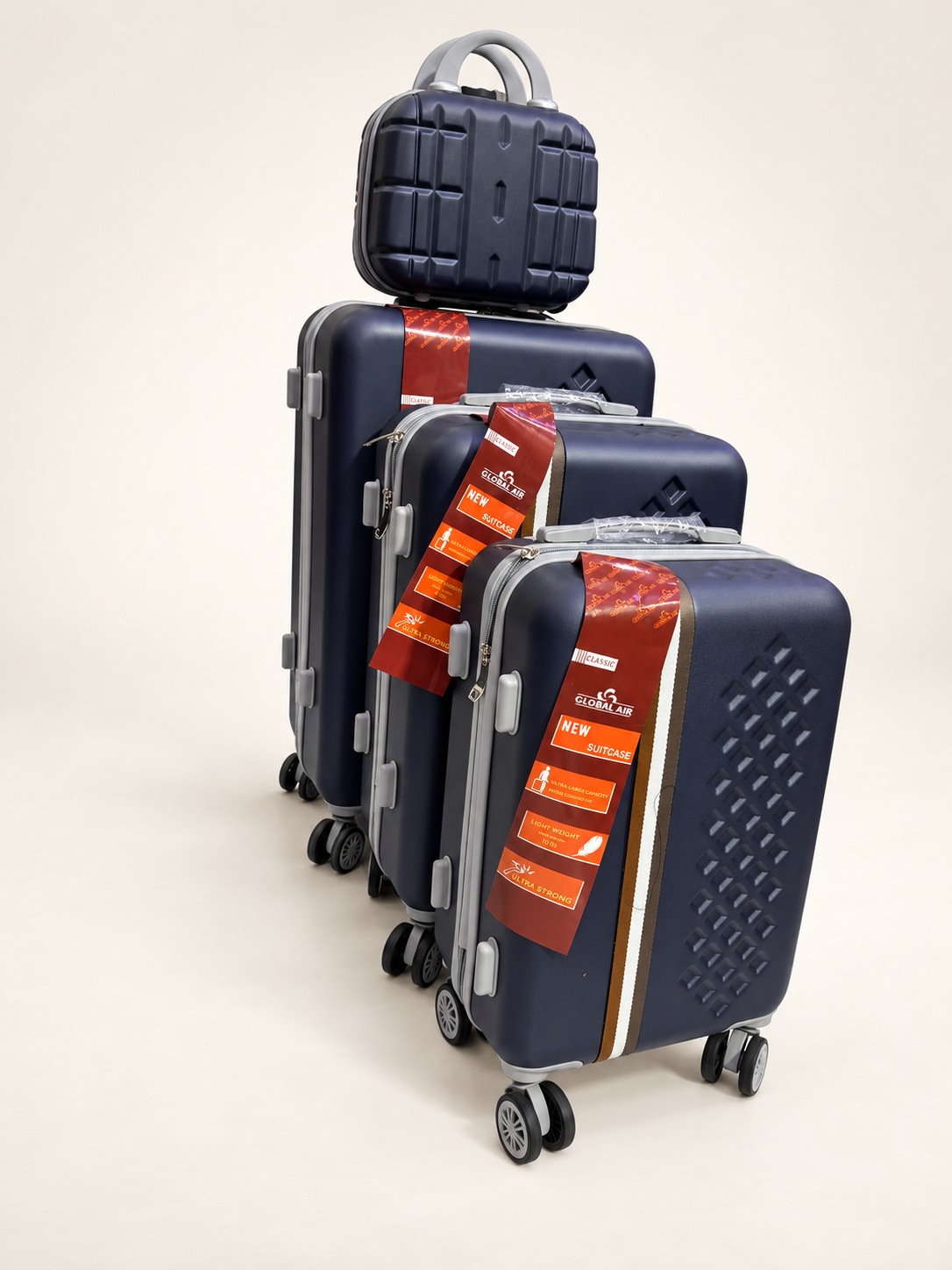 Global Air – 3 valises + valisette losanges – Bleu marine