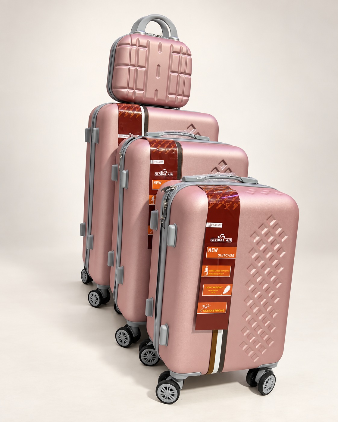 Global Air – 3 valises + valisette losanges – Vieux rose