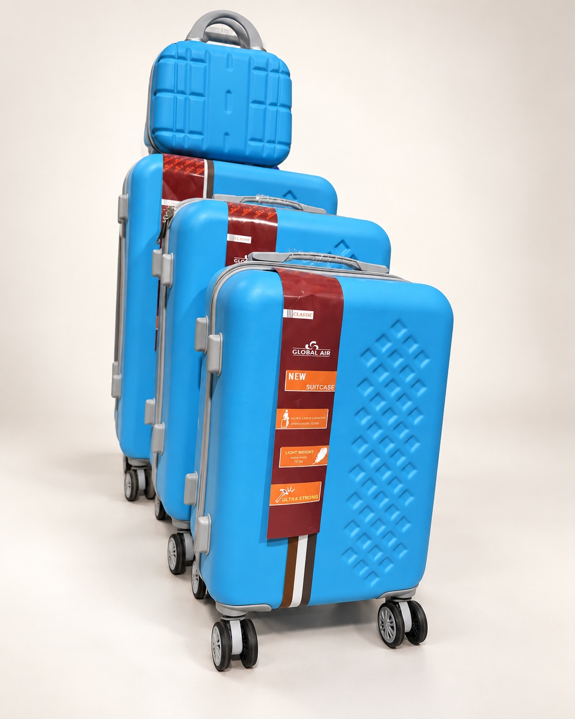 Global Air – 3 valises + valisette losanges – Bleu ciel