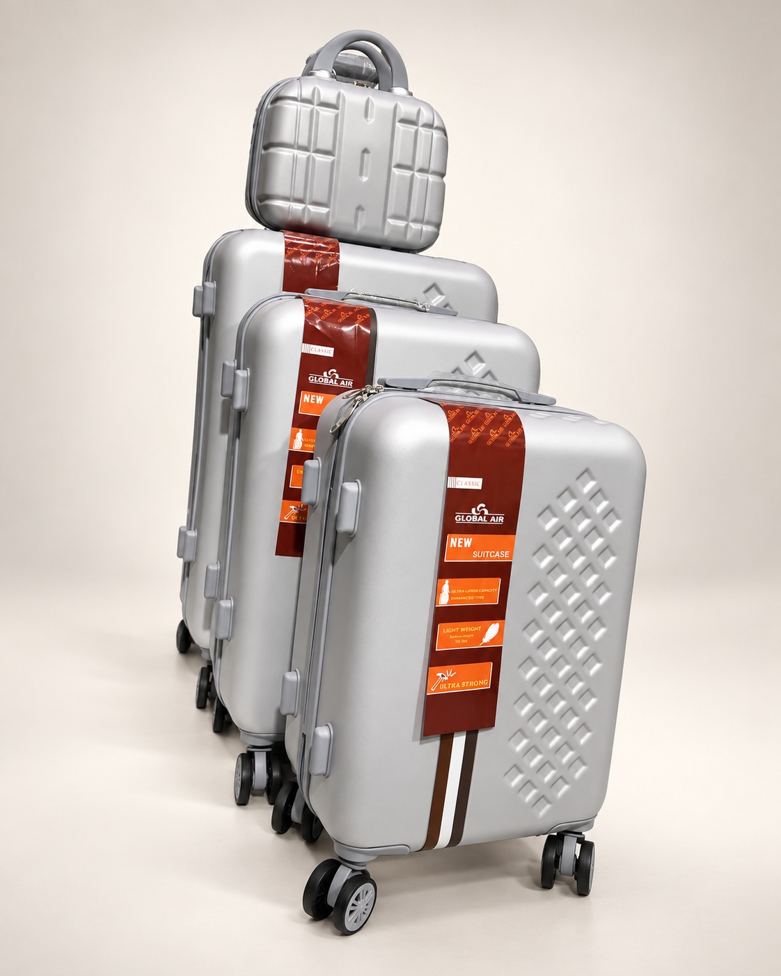 Global Air – 3 valises + valisette losanges – Argent