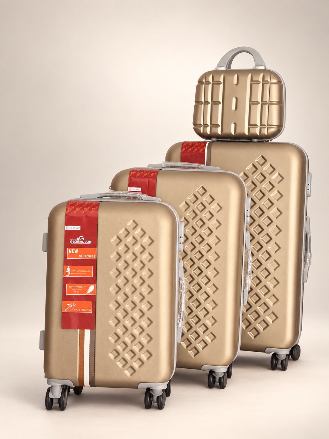 Global Air – 3 valises + valisette losanges – Champagne