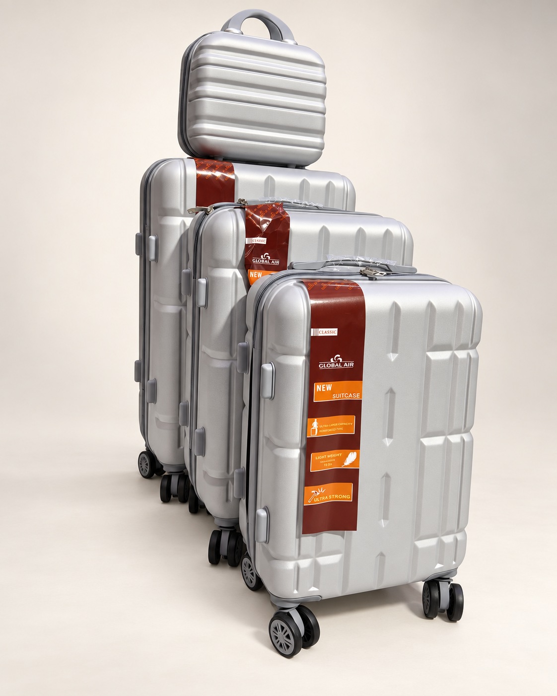Global Air – 3 valises + valisette géométrique – Argent