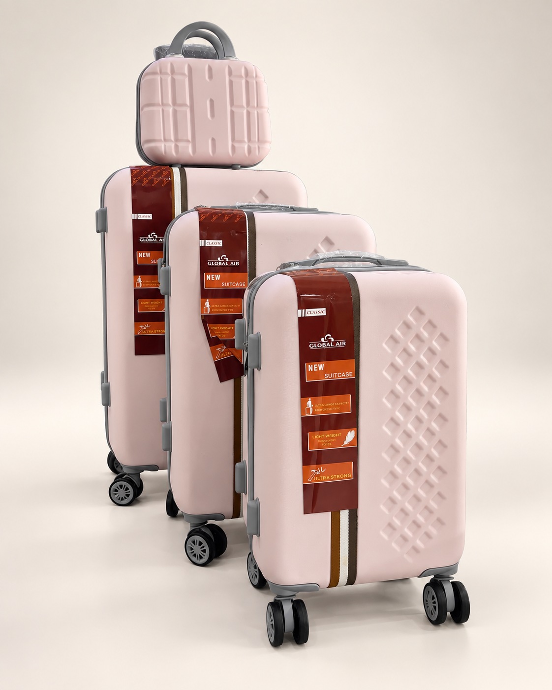 Global Air – 3 valises + valisette losanges – Rose pâle
